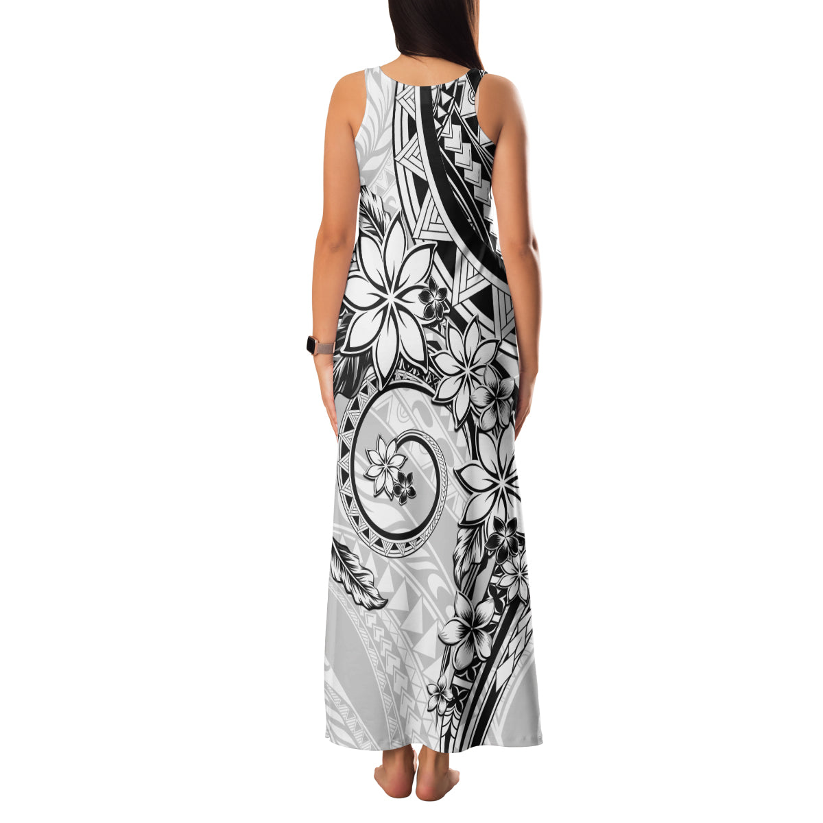 Polynesian Pattern With Plumeria Flowers Family Matching Tank Maxi Dress and Hawaiian Shirt White