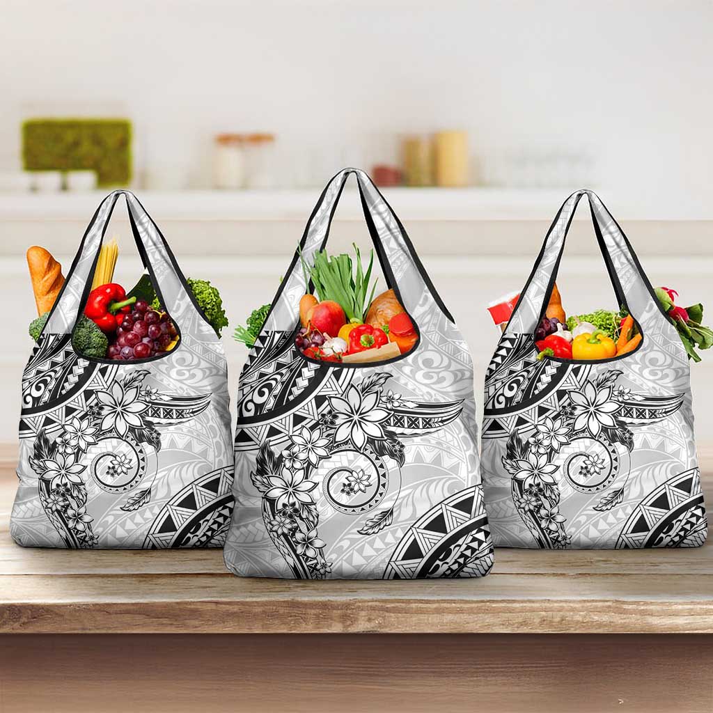 Polynesian Pattern With Plumeria Flowers Grocery Bag White