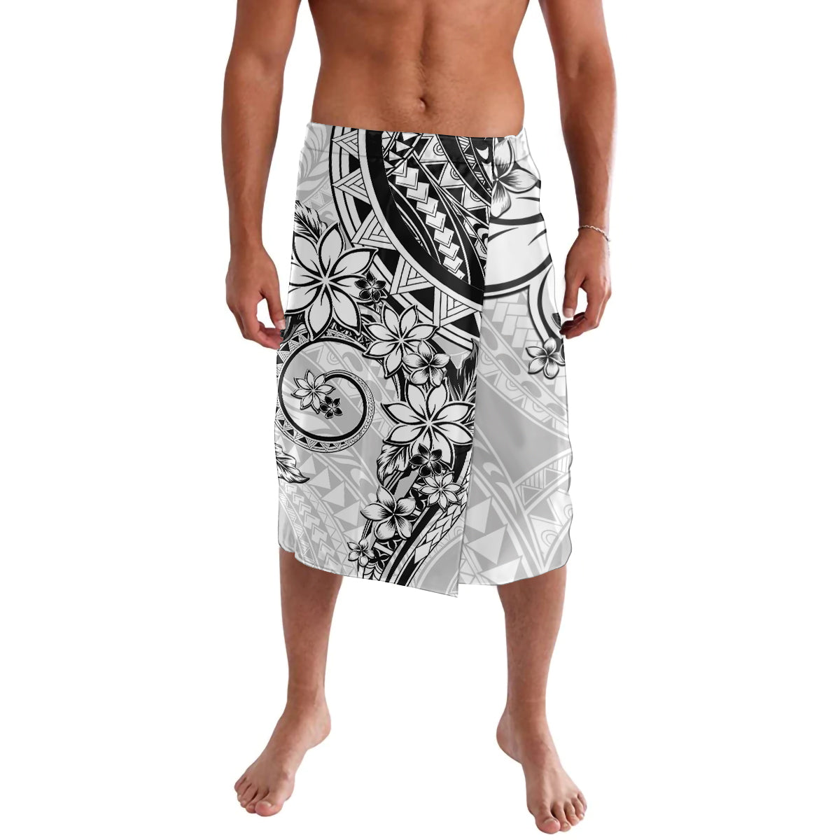 Polynesian Pattern With Plumeria Flowers Lavalava White