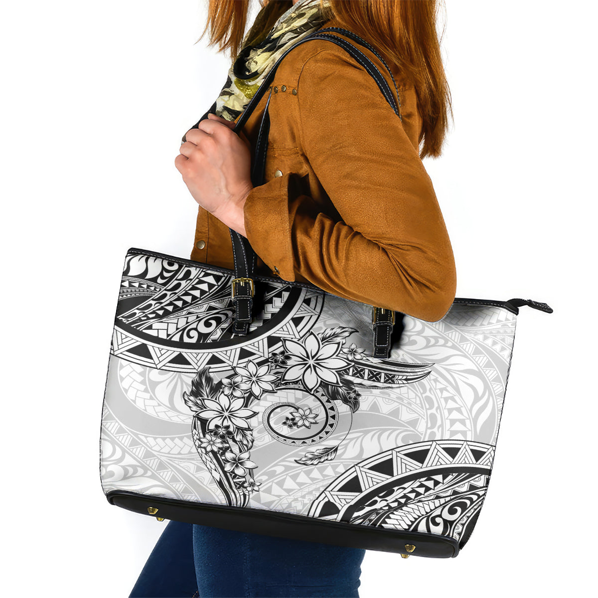 Polynesian Pattern With Plumeria Flowers Leather Tote Bag White