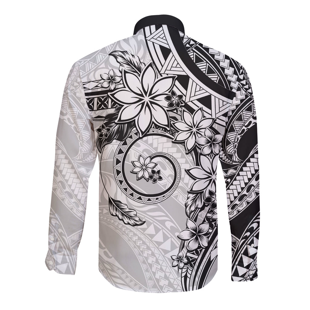 Polynesian Pattern With Plumeria Flowers Long Sleeve Button Shirt White
