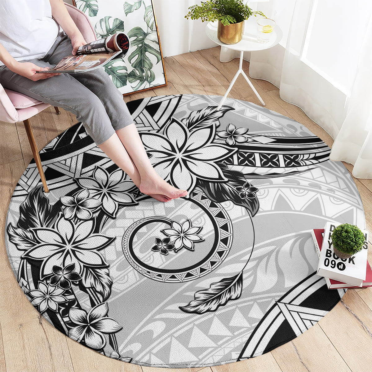 Polynesian Pattern With Plumeria Flowers Round Carpet White