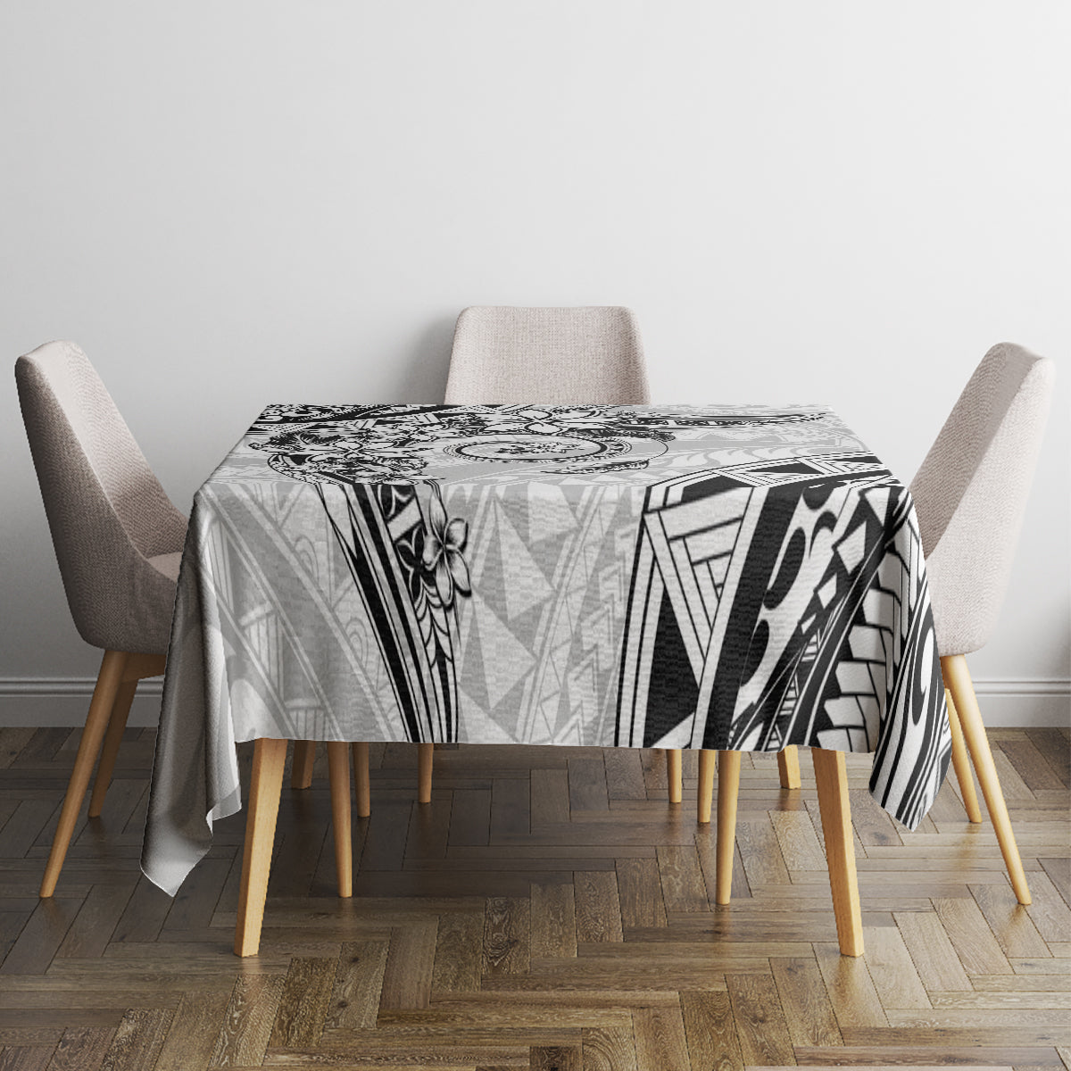 Polynesian Pattern With Plumeria Flowers Tablecloth White