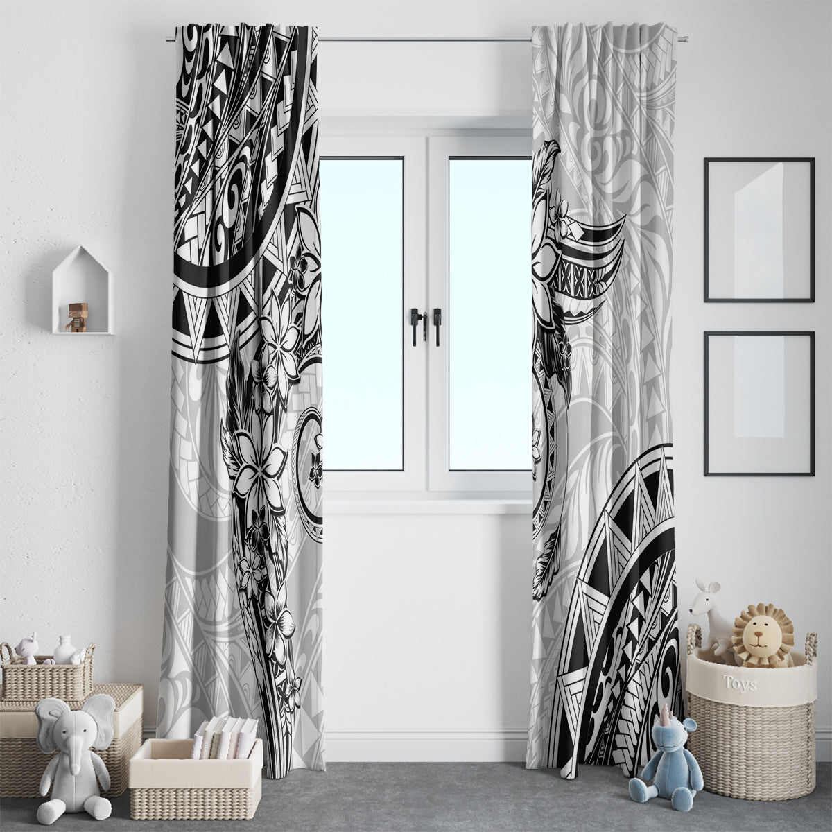 Polynesian Pattern With Plumeria Flowers Window Curtain White