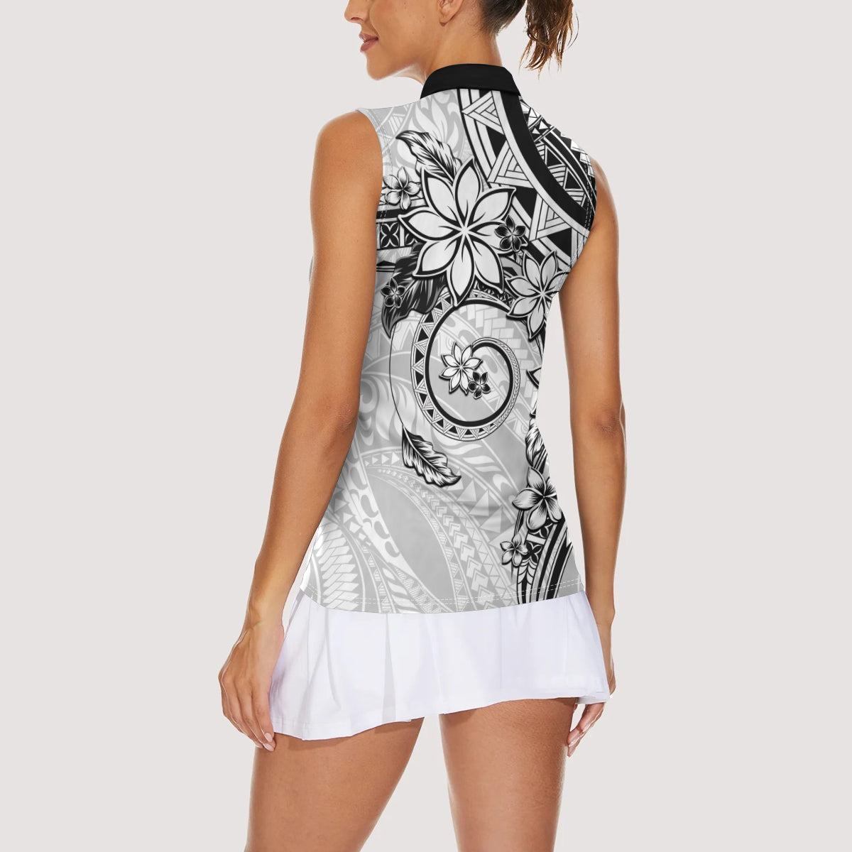 Polynesian Pattern With Plumeria Flowers Women Sleeveless Polo Shirt White