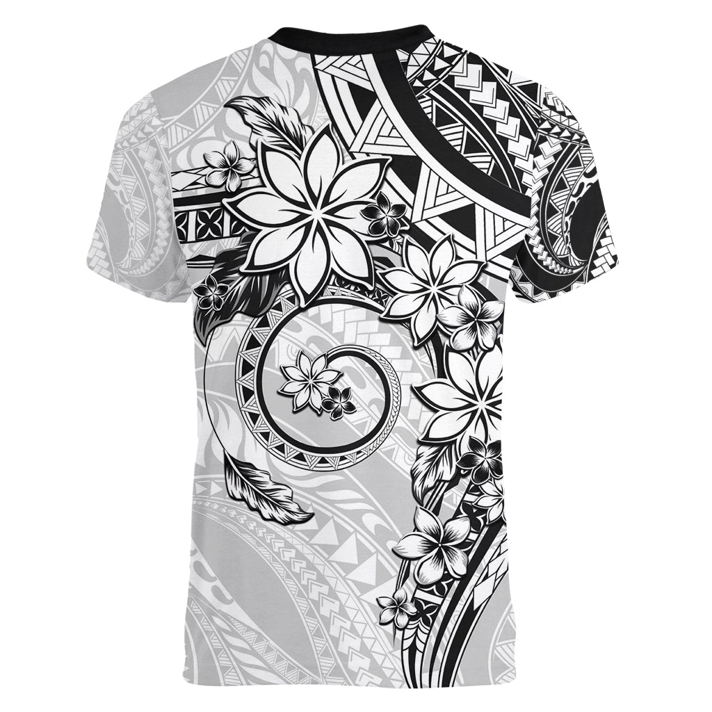 Polynesian Pattern With Plumeria Flowers Women V-Neck T-Shirt White