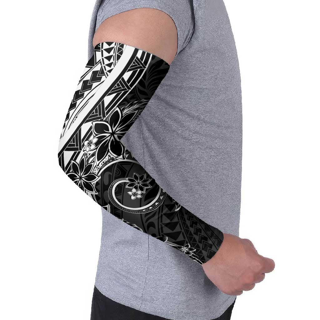 Polynesian Pattern With Plumeria Flowers Arm Sleeves Black - Polynesian Pride