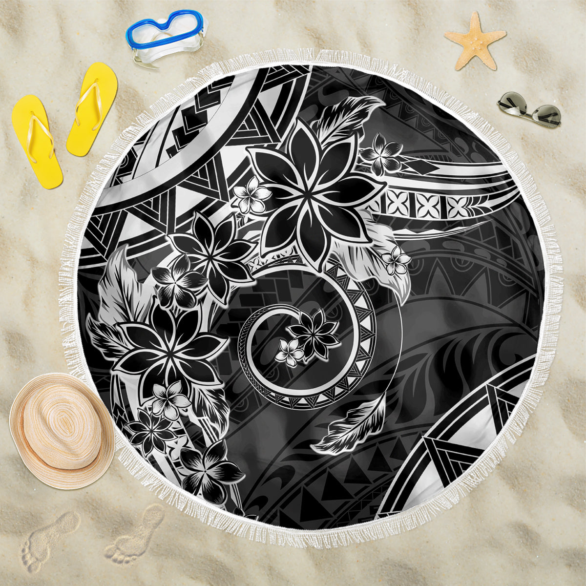Polynesian Pattern With Plumeria Flowers Beach Blanket Black