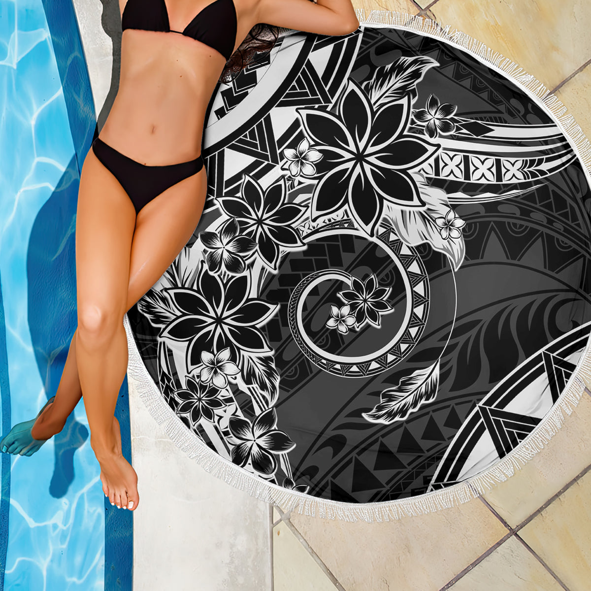 Polynesian Pattern With Plumeria Flowers Beach Blanket Black