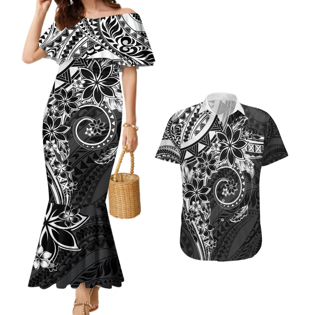 Polynesian Pattern With Plumeria Flowers Couples Matching Mermaid Dress and Hawaiian Shirt Black LT05 Black - Polynesian Pride