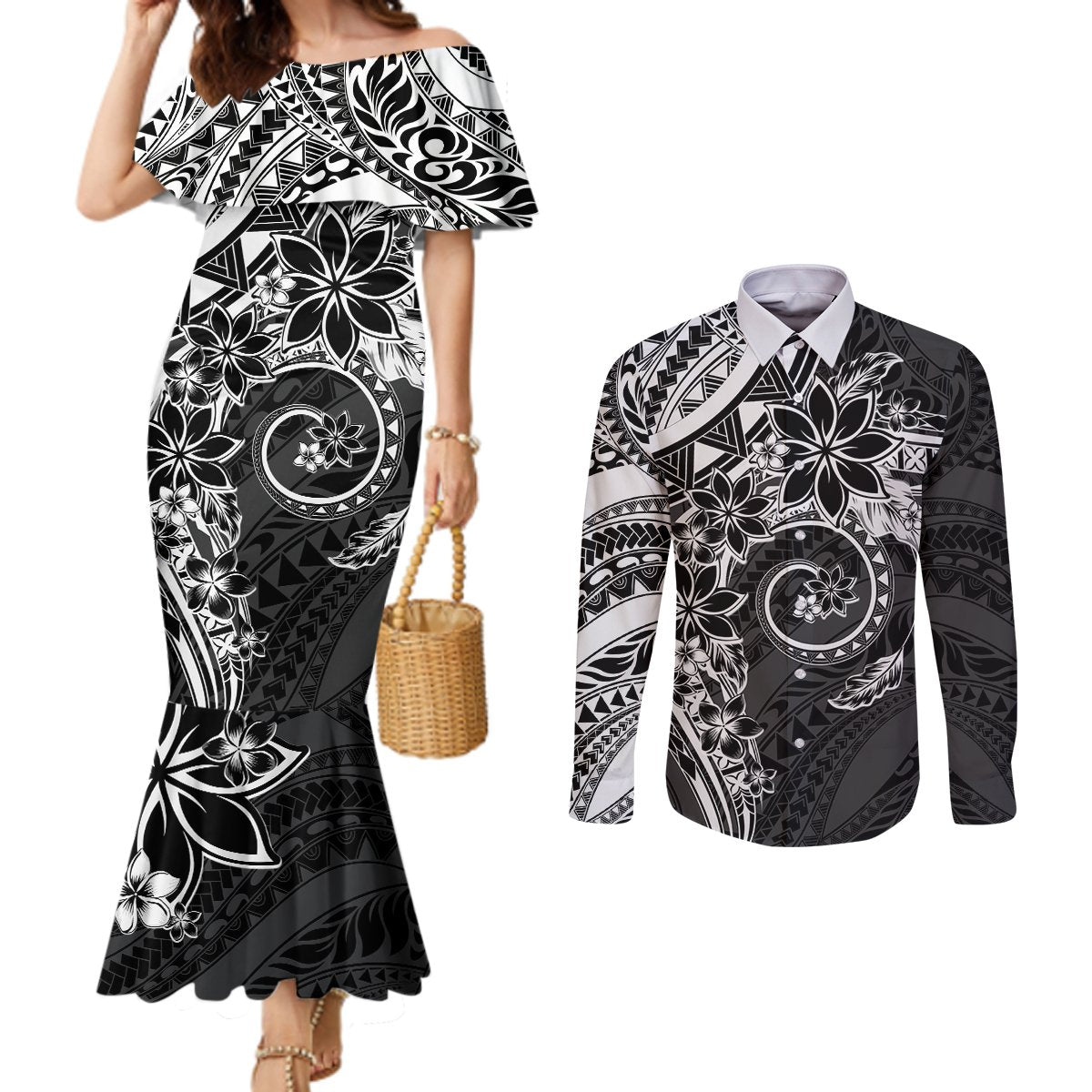 Polynesian Pattern With Plumeria Flowers Couples Matching Mermaid Dress and Long Sleeve Button Shirt Black