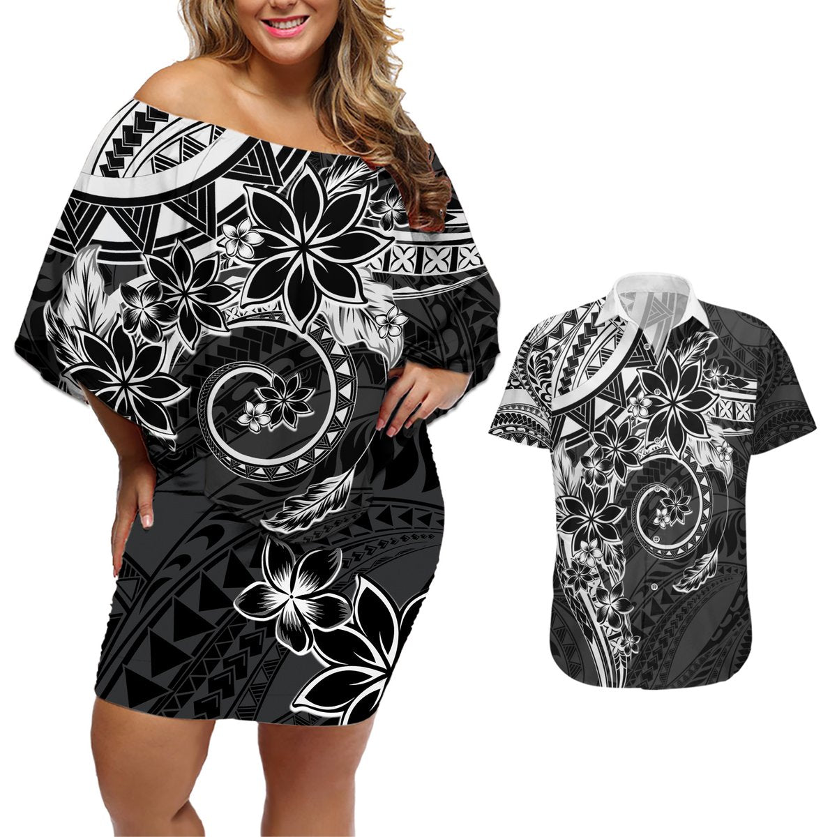 Polynesian Pattern With Plumeria Flowers Couples Matching Off Shoulder Short Dress and Hawaiian Shirt Black