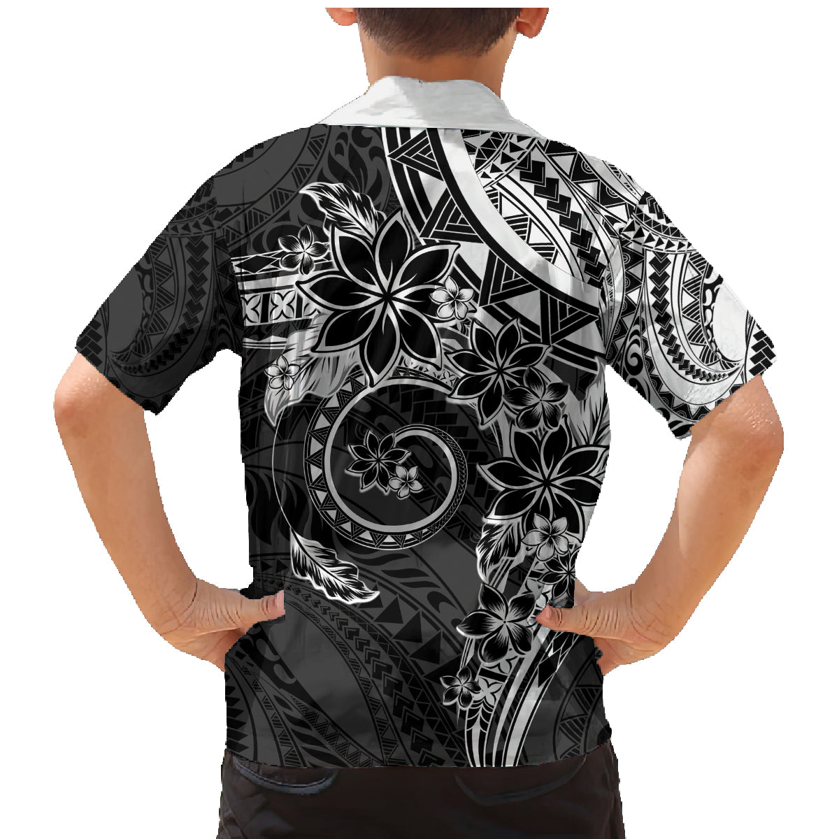 Polynesian Pattern With Plumeria Flowers Family Matching Mermaid Dress and Hawaiian Shirt Black