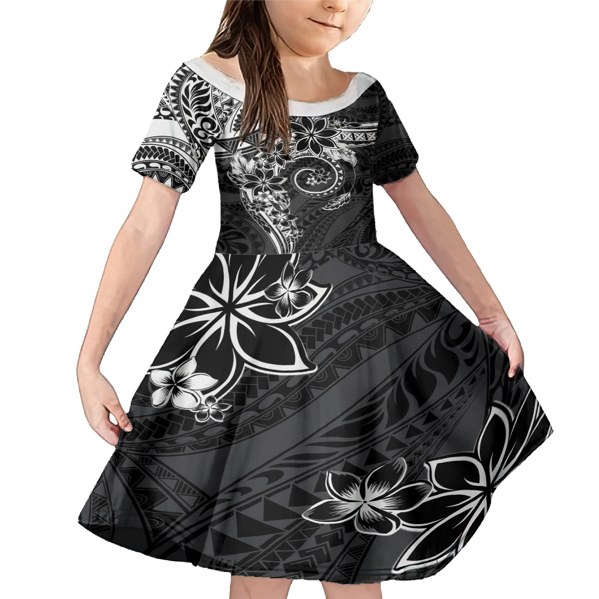 Polynesian Pattern With Plumeria Flowers Family Matching Mermaid Dress and Hawaiian Shirt Black
