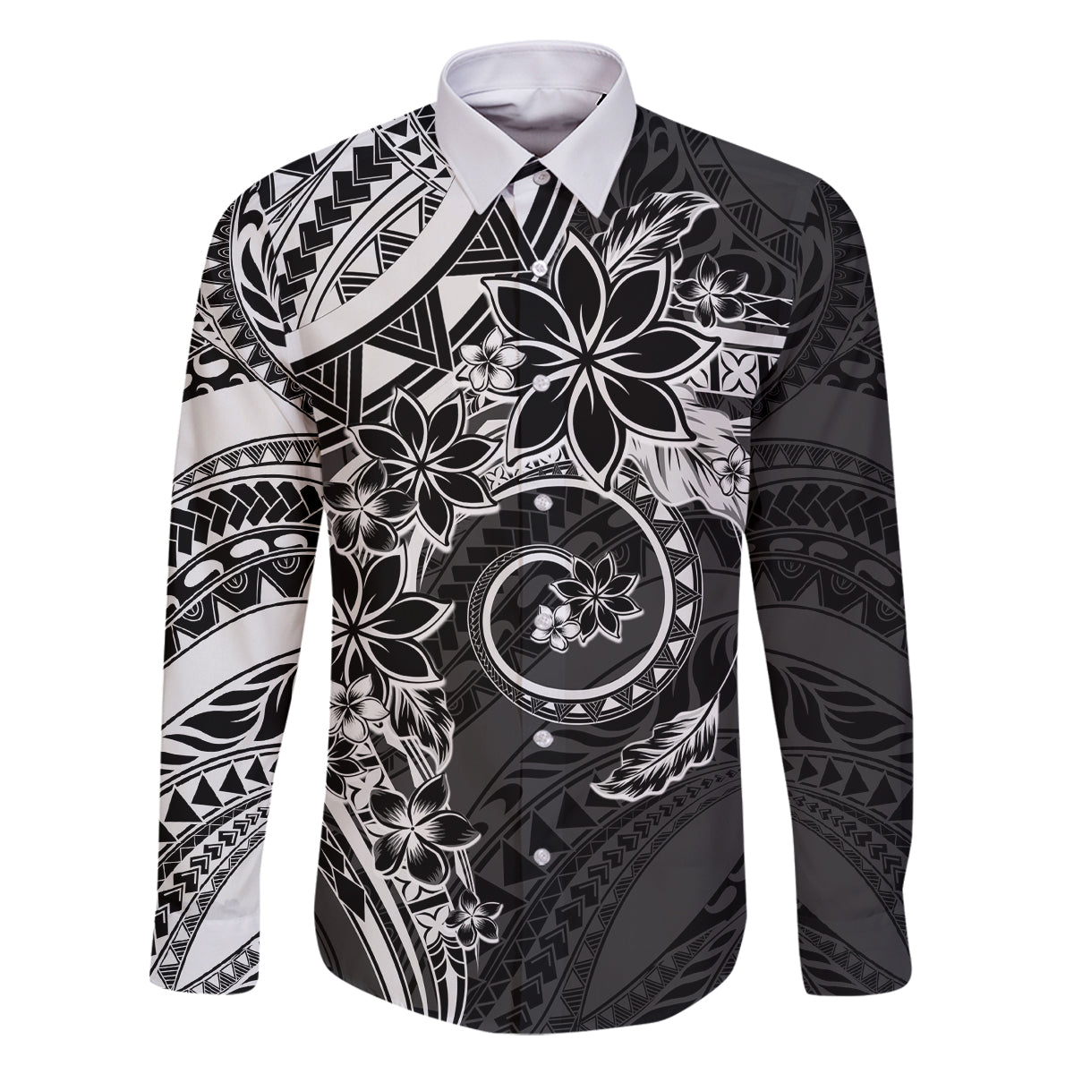 Polynesian Pattern With Plumeria Flowers Family Matching Mermaid Dress and Hawaiian Shirt Black