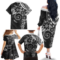 Polynesian Pattern With Plumeria Flowers Family Matching Off The Shoulder Long Sleeve Dress and Hawaiian Shirt Black