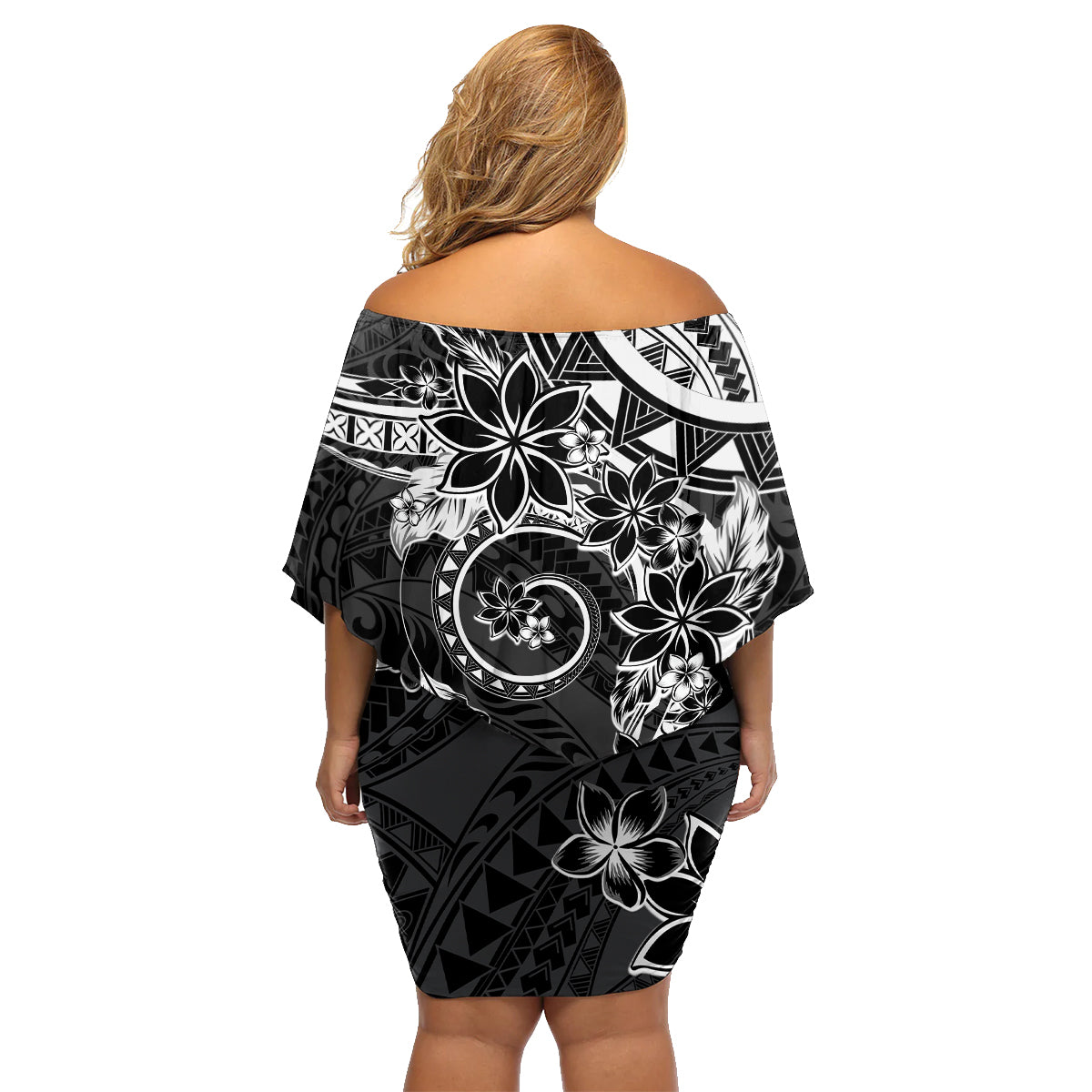 Polynesian Pattern With Plumeria Flowers Family Matching Off Shoulder Short Dress and Hawaiian Shirt Black