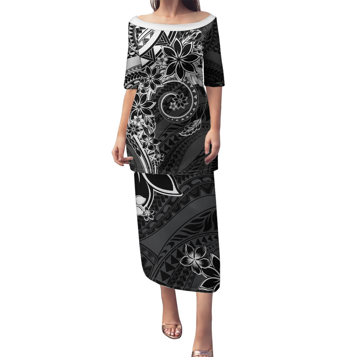 Polynesian Pattern With Plumeria Flowers Family Matching Puletasi and Hawaiian Shirt Black