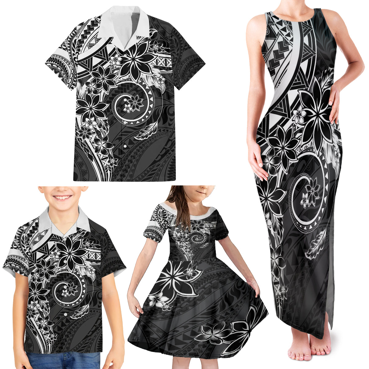 Polynesian Pattern With Plumeria Flowers Family Matching Tank Maxi Dress and Hawaiian Shirt Black