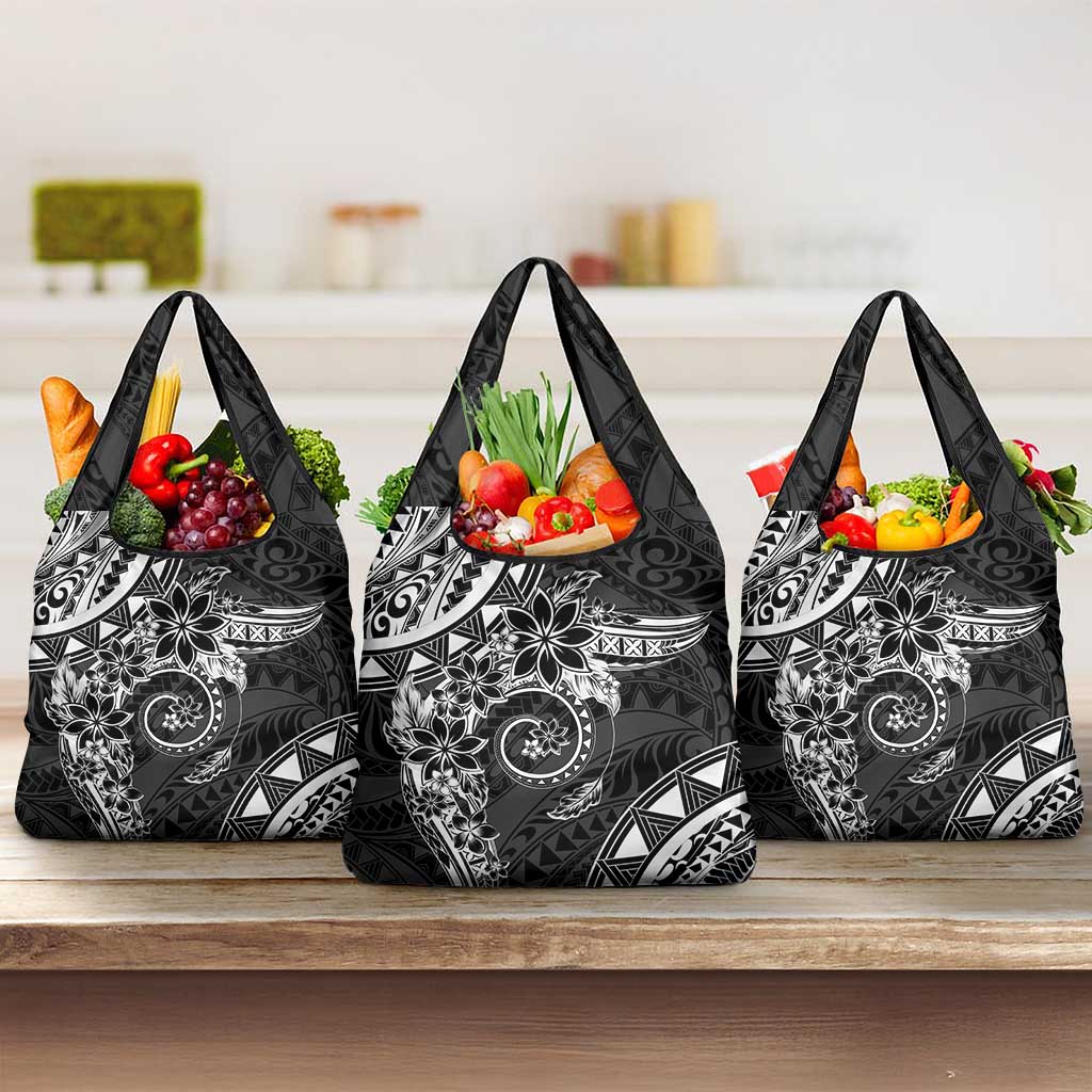 Polynesian Pattern With Plumeria Flowers Grocery Bag Black