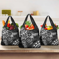 Polynesian Pattern With Plumeria Flowers Grocery Bag Black