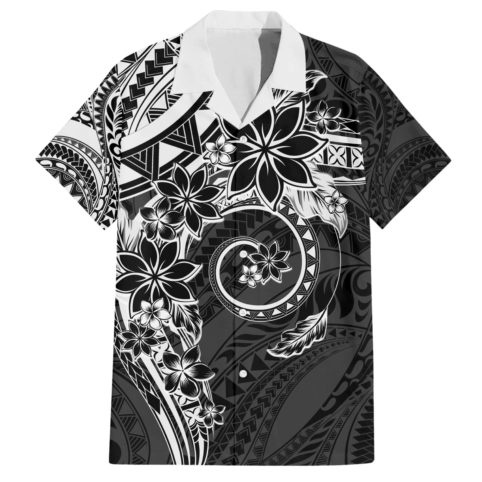 Polynesian Pattern With Plumeria Flowers Hawaiian Shirt Black