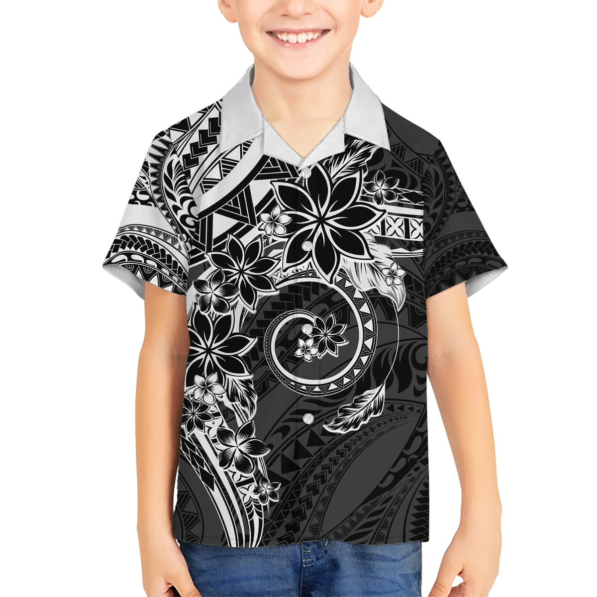 Polynesian Pattern With Plumeria Flowers Kid Hawaiian Shirt Black