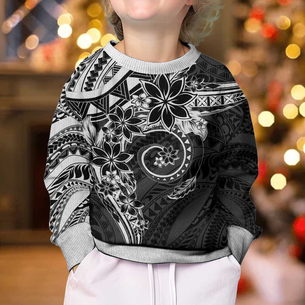 Polynesian Pattern With Plumeria Flowers Kid Ugly Christmas Sweater Black