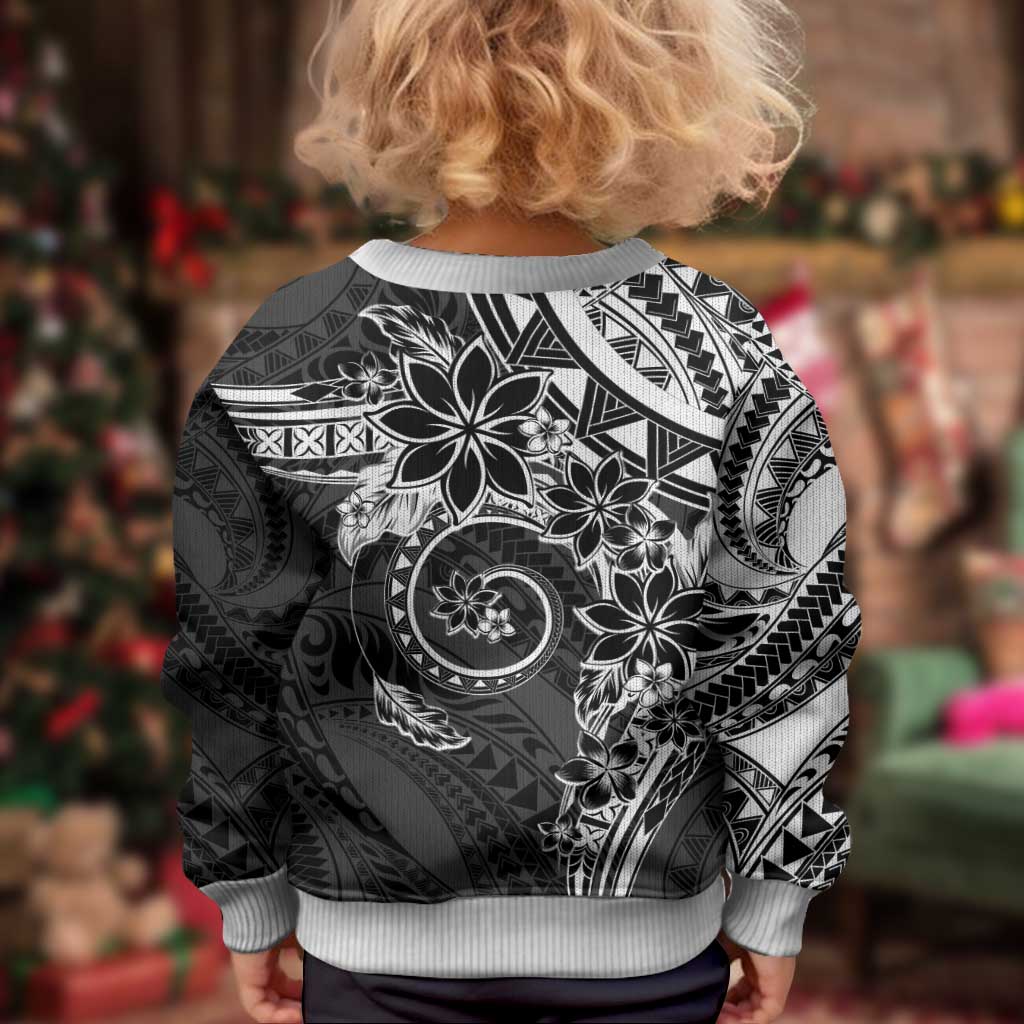 Polynesian Pattern With Plumeria Flowers Kid Ugly Christmas Sweater Black