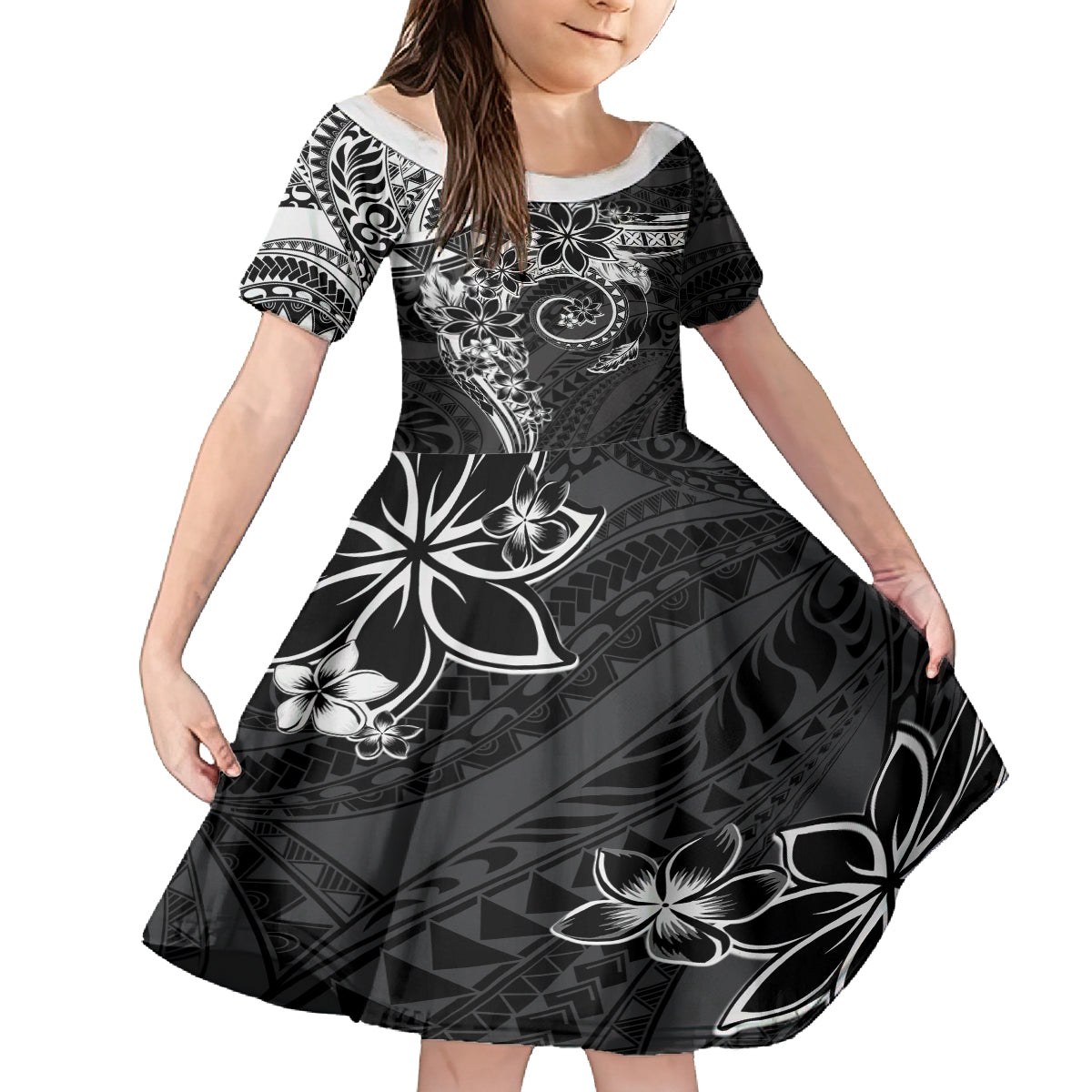 Polynesian Pattern With Plumeria Flowers Kid Short Sleeve Dress Black