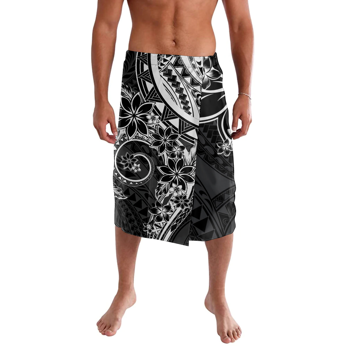 Polynesian Pattern With Plumeria Flowers Lavalava Black