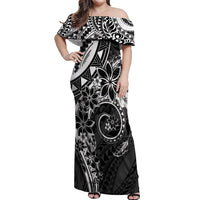 Polynesian Pattern With Plumeria Flowers Off Shoulder Maxi Dress Black