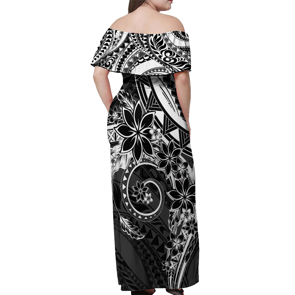 Polynesian Pattern With Plumeria Flowers Off Shoulder Maxi Dress Black