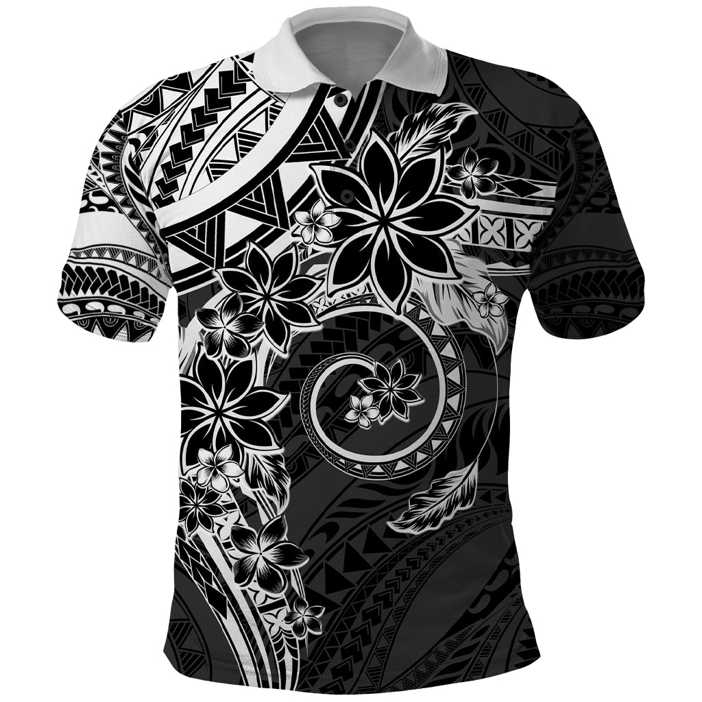 Polynesian Pattern With Plumeria Flowers Polo Shirt Black