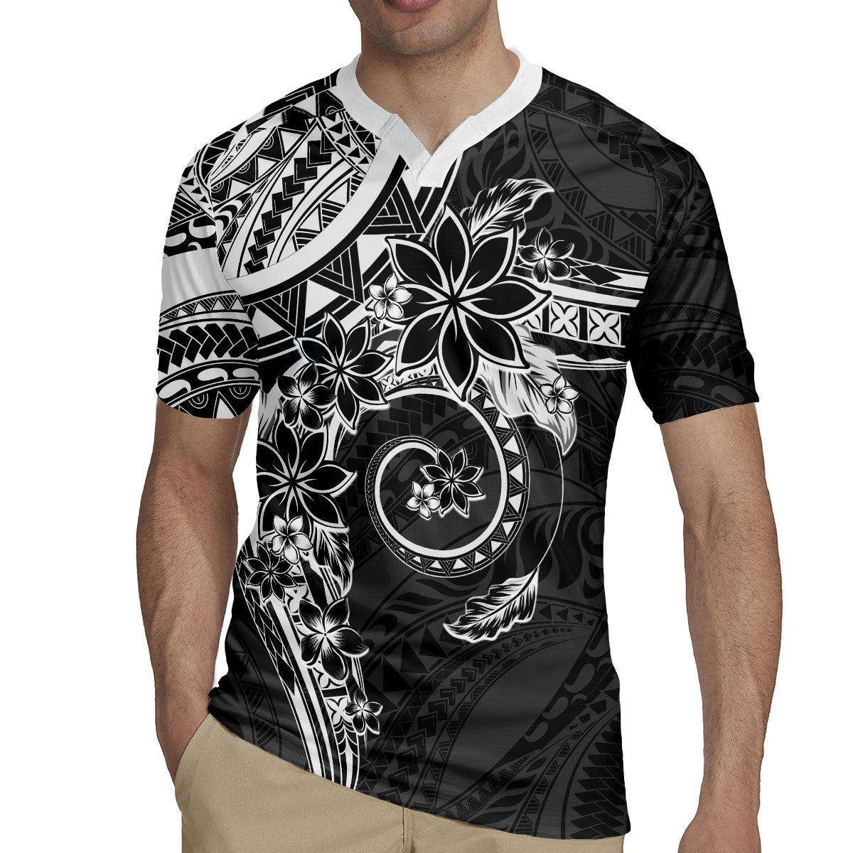 Polynesian Pattern With Plumeria Flowers Rugby Jersey Black