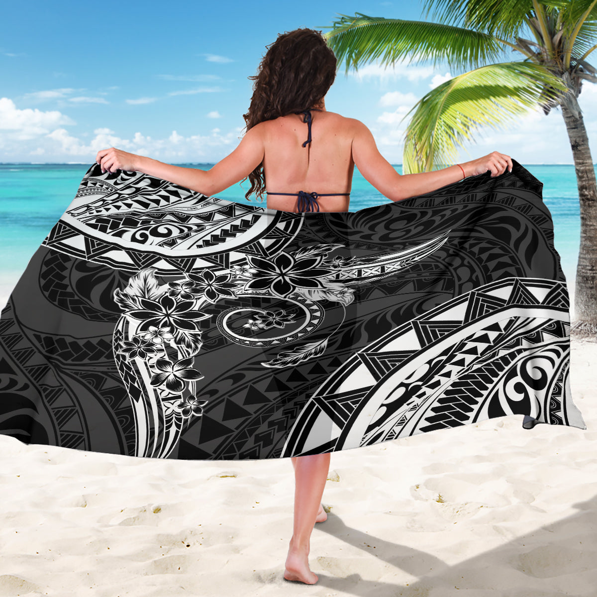 Polynesian Pattern With Plumeria Flowers Sarong Black