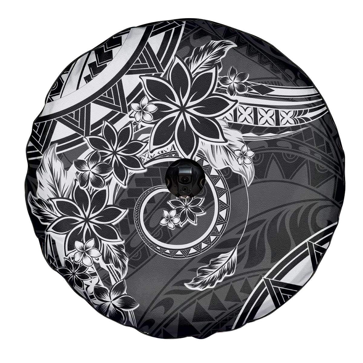 Polynesian Pattern With Plumeria Flowers Spare Tire Cover Black