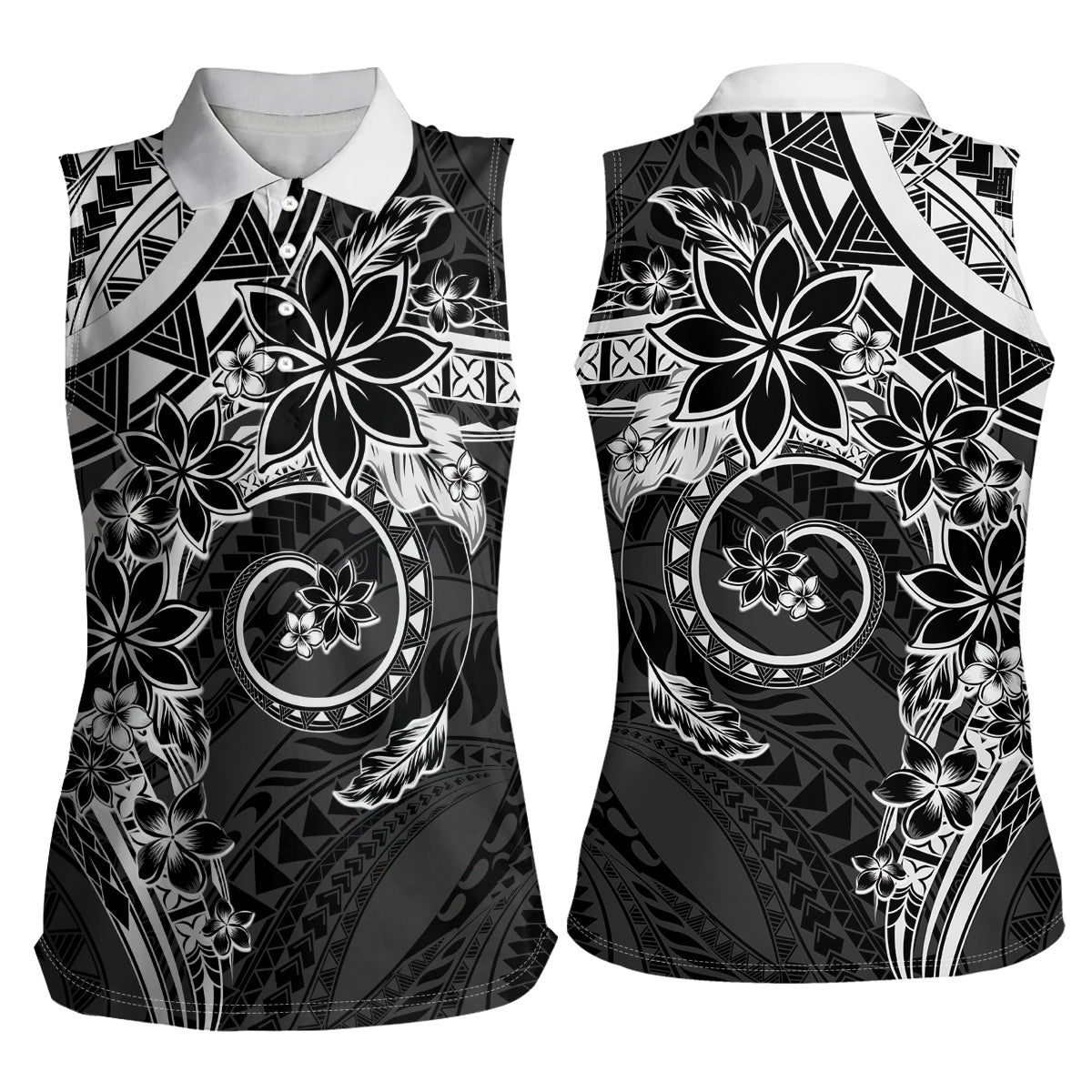Polynesian Pattern With Plumeria Flowers Women Sleeveless Polo Shirt Black