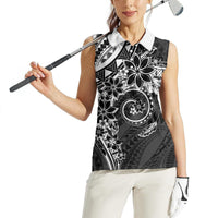 Polynesian Pattern With Plumeria Flowers Women Sleeveless Polo Shirt Black