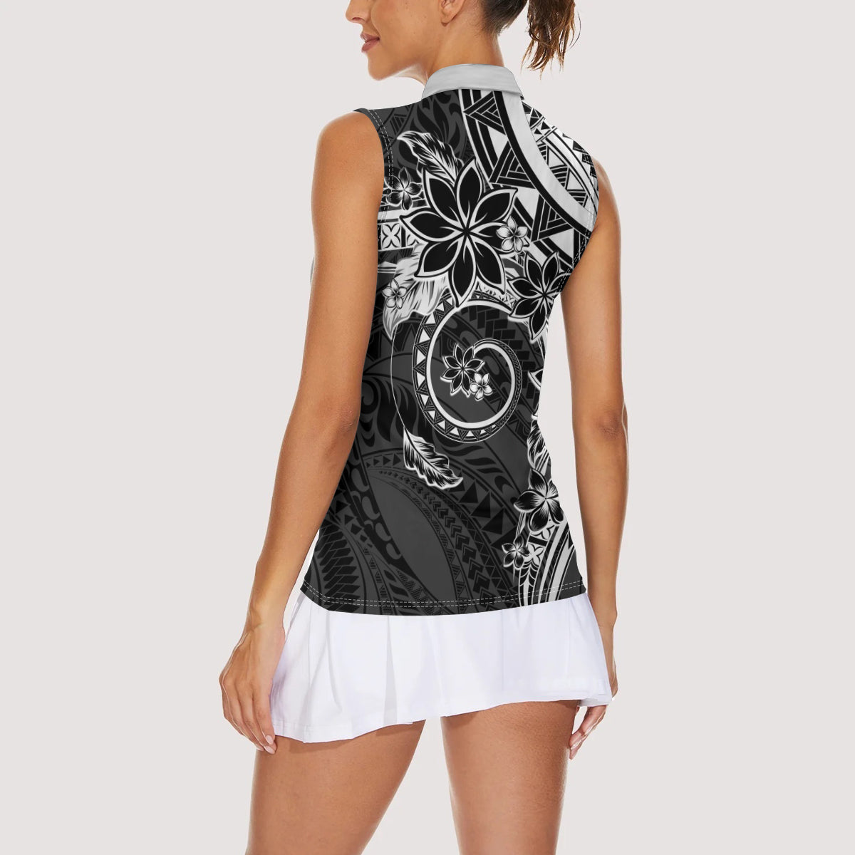 Polynesian Pattern With Plumeria Flowers Women Sleeveless Polo Shirt Black