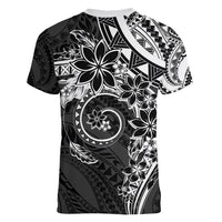 Polynesian Pattern With Plumeria Flowers Women V-Neck T-Shirt Black