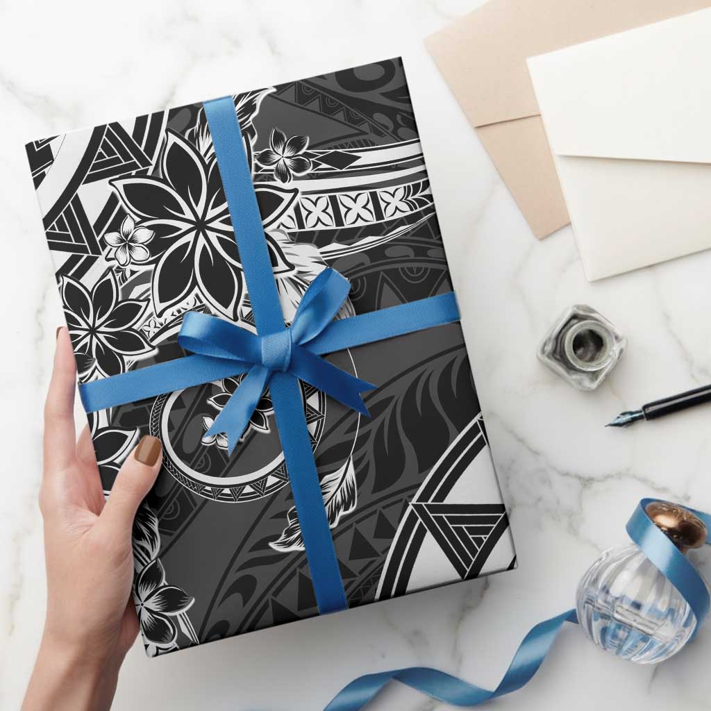 Polynesian Pattern With Plumeria Flowers Wrapping Paper Black - Polynesian Pride