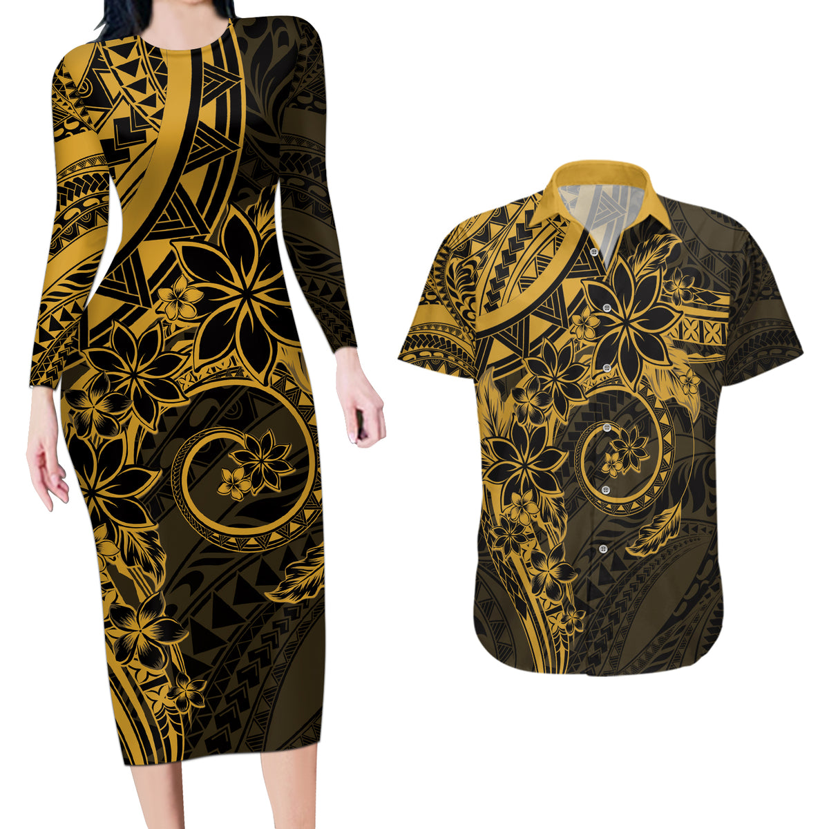 Polynesian Sunset Plumeria Couples Matching Long Sleeve Bodycon Dress and Hawaiian Shirt Gold Polynesian Tattoo LT05 Gold - Polynesian Pride