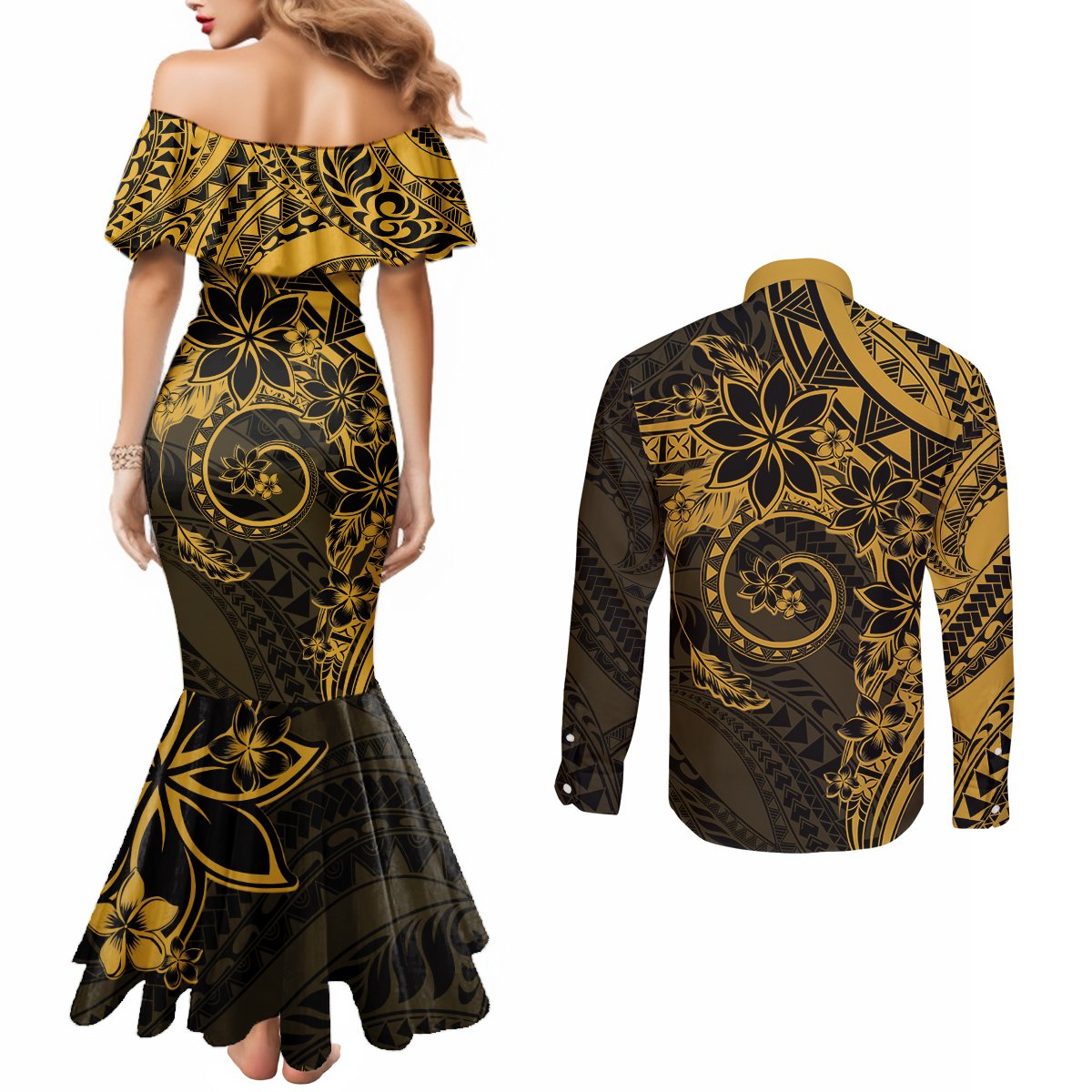 Polynesian Sunset Plumeria Couples Matching Mermaid Dress and Long Sleeve Button Shirt Gold Polynesian Tattoo