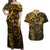 Polynesian Sunset Plumeria Couples Matching Off Shoulder Maxi Dress and Hawaiian Shirt Gold Polynesian Tattoo