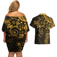 Polynesian Sunset Plumeria Couples Matching Off Shoulder Short Dress and Hawaiian Shirt Gold Polynesian Tattoo