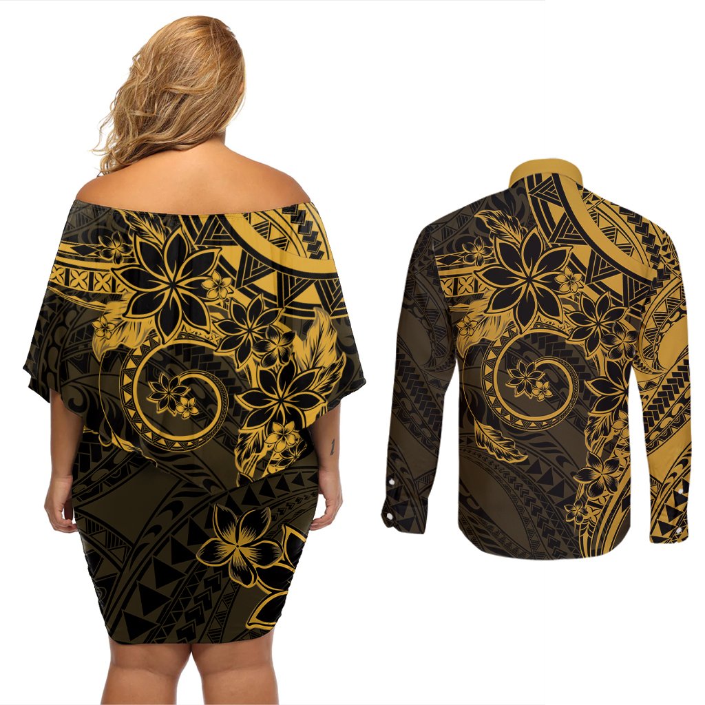 Polynesian Sunset Plumeria Couples Matching Off Shoulder Short Dress and Long Sleeve Button Shirt Gold Polynesian Tattoo