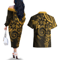 Polynesian Sunset Plumeria Couples Matching Off The Shoulder Long Sleeve Dress and Hawaiian Shirt Gold Polynesian Tattoo