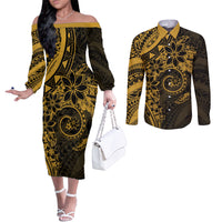Polynesian Sunset Plumeria Couples Matching Off The Shoulder Long Sleeve Dress and Long Sleeve Button Shirt Gold Polynesian Tattoo