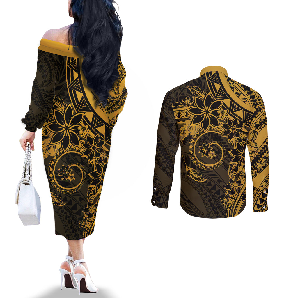 Polynesian Sunset Plumeria Couples Matching Off The Shoulder Long Sleeve Dress and Long Sleeve Button Shirt Gold Polynesian Tattoo